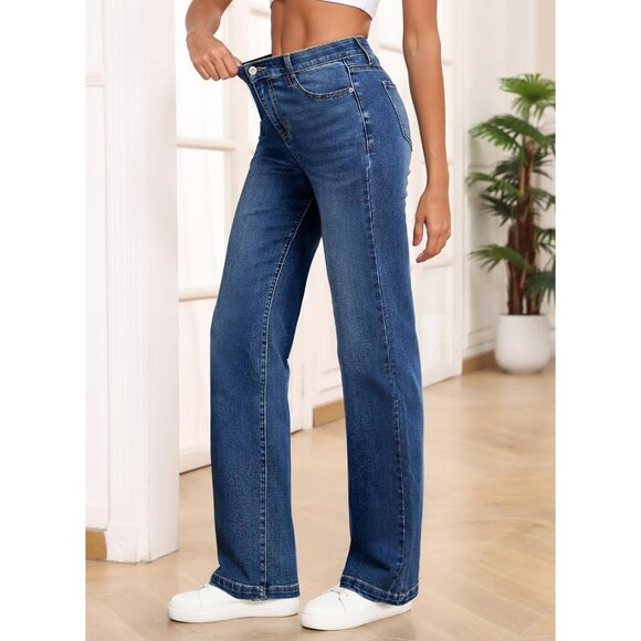 Women's Wide Leg Jeans High Waisted Elastic Waist Straight Leg Denim Pants - Picture 3 of 9